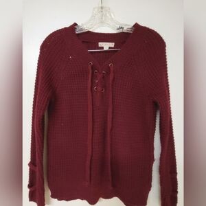 It's Our Time Burgundy V-Neck Sweater with Modern Lace-Up Design